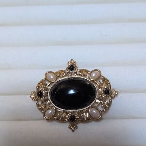 Gold-Tone Black Cabochon and Pearl Accent Brooch